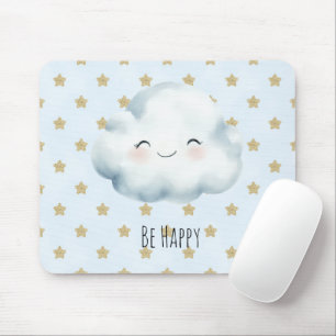 Mousepad Nuvem Estrelas Douradas Fique Feliz Azul