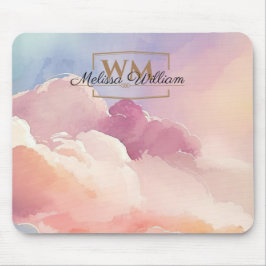 Mousepad Nuvens de Aquarelas Nome do Monograma Dourado Pret