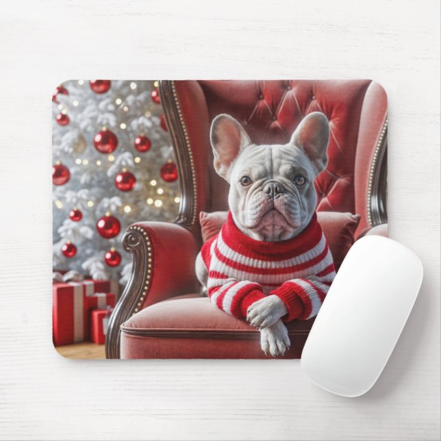 Mousepad O Buldogue Francês de Natal Em uma Cadeira (Com mouse)