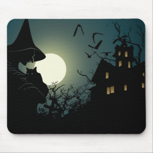 Mousepad O Dia das Bruxas: bruxa e casa hounted