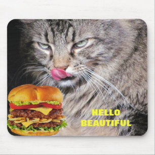 Mousepad O gato com fome encontra o cheeseburger bonito