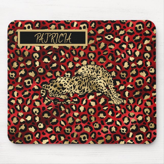 Mousepad O Leopardo Vermelho Negro Dourado Diversão (Frente)