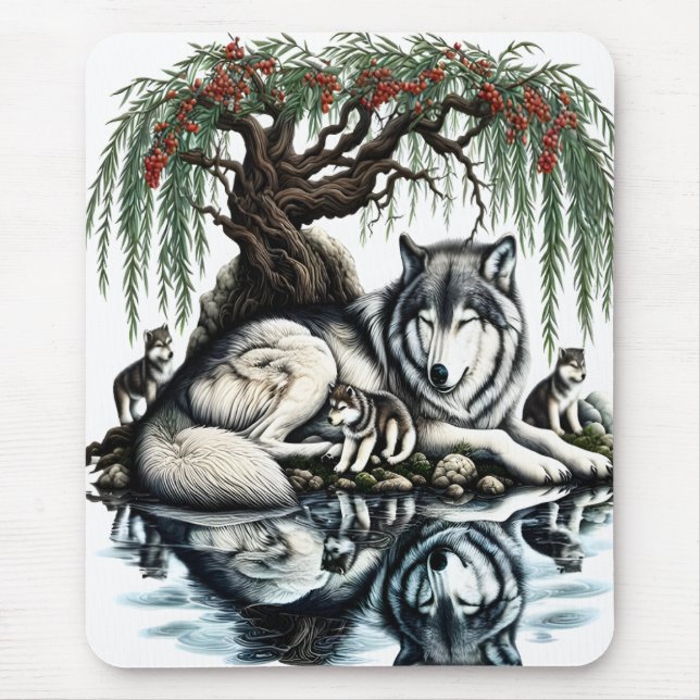 Mousepad Oásis da Família Serene Wolf em Natureza Idílica (Frente)