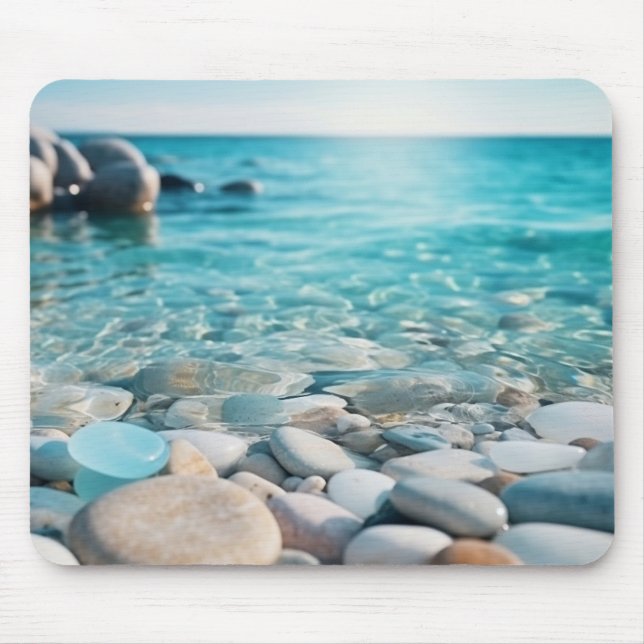 Mousepad Oceano Azul com Vidro do Mar e Pedras na Praia (Frente)