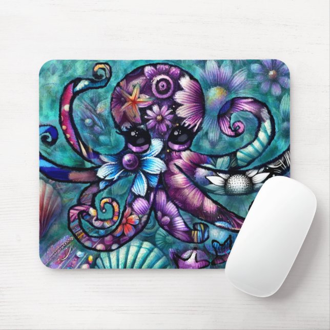 Mousepad Octopus Floral Teal Roxo Azul Costeira (Com mouse)