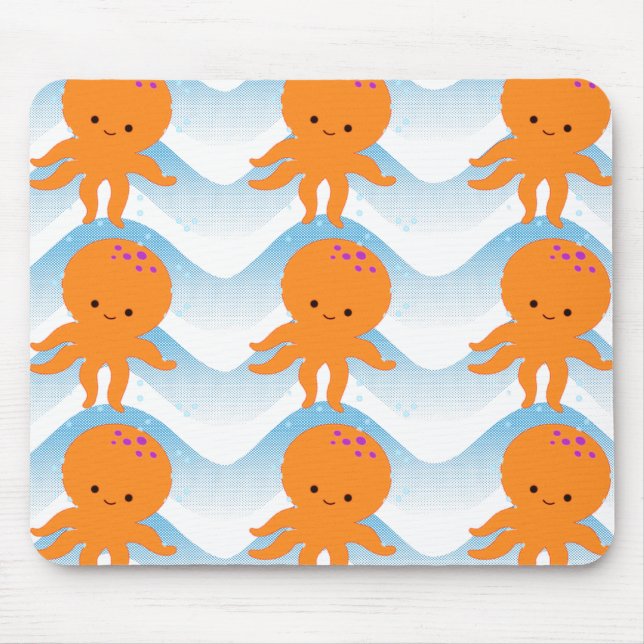 Mousepad Octopus Laranja E Padrão De Ondas Azuis (Frente)