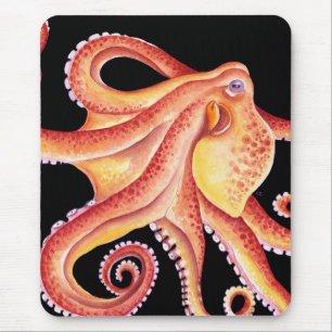 Mousepad Octopus Vermelho na Arte Preta de Aquarela