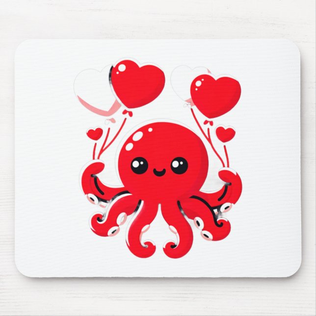 Mousepad Octopus With Heart Lloons Adorable Valentines Day  (Frente)