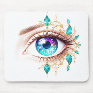 Mousepad Olho Roxo/Azul Grande Cercado por Folhas de Planta