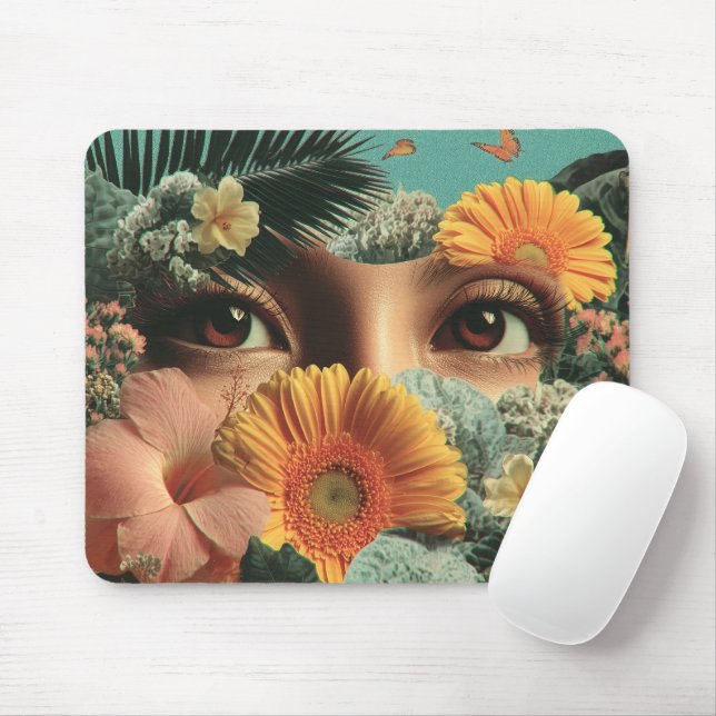 Mousepad Olhos Surreais e Flores com Borboletas (Com mouse)