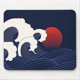 Mousepad Onda marinho azul com Lua vermelha