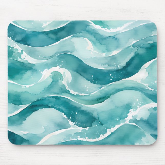 Mousepad Ondas Abstratas de Oceano em Aquarela Turquesa (Frente)