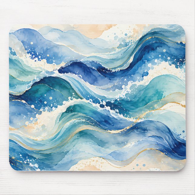 Mousepad Ondas Abstratas do Oceano em Aquarela (Frente)