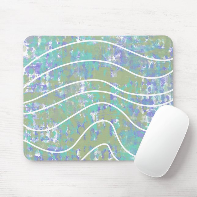 Mousepad Ondas Brancas Abstrato Verde Água-Marinha Roxo Des (Com mouse)