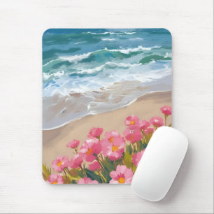 Mousepad Ondas da Praia Aquarela Pintura Floral Rosa da Cos