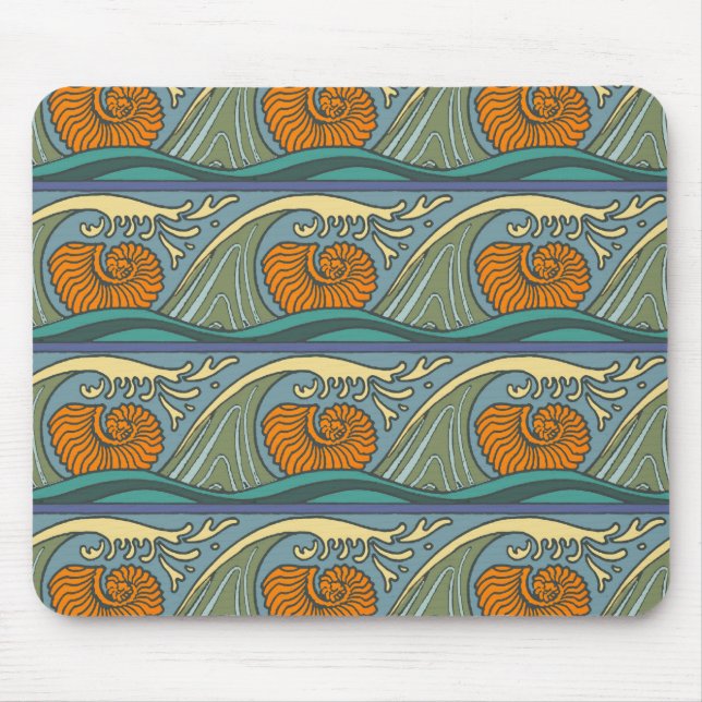 Mousepad Ondas do Oceano Azul Padrão de Concha de Nautilus  (Frente)