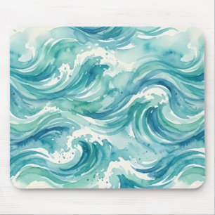 Mousepad Ondas do Oceano em Aquarela Azul-Verde Rato