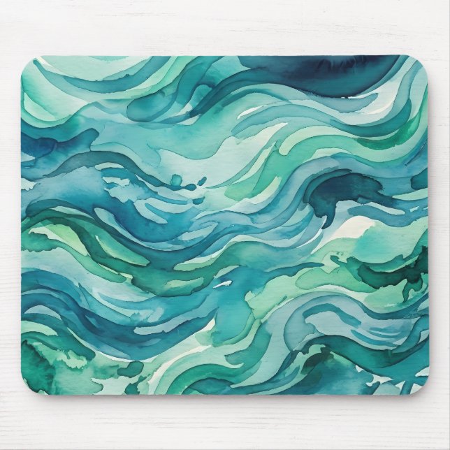 Mousepad Ondas Oceânicas em Aguarela Azul Verde (Frente)