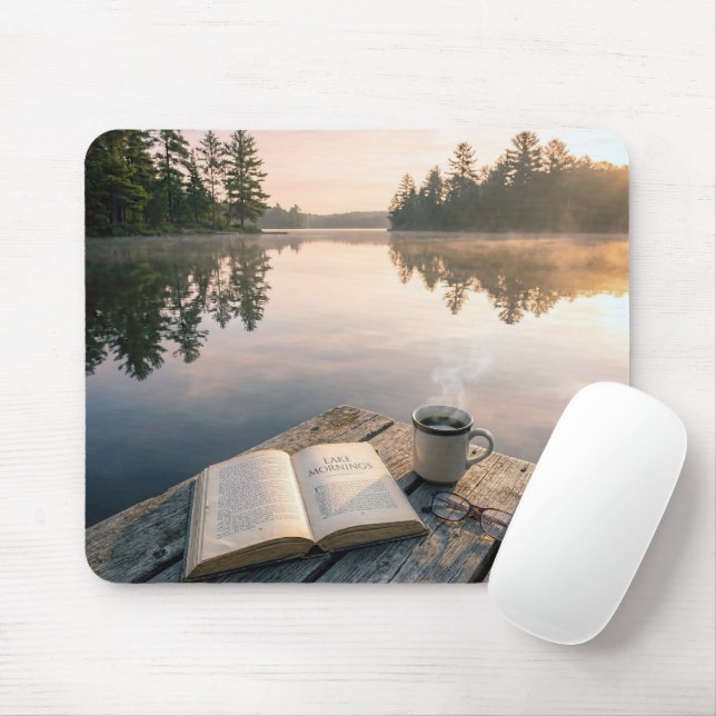 Mousepad Open Book With Coffee On a Lake Dock (Com mouse)