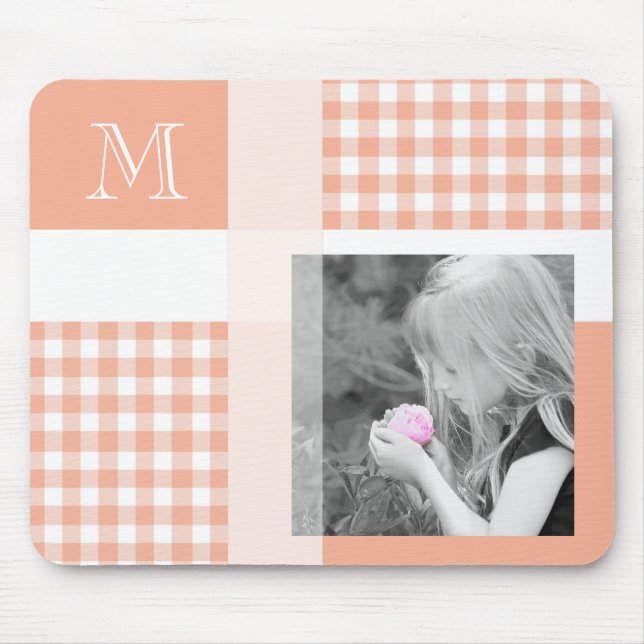 Mousepad Orange Adiciona Sua Foto Gingham Moderno Monograma (Frente)