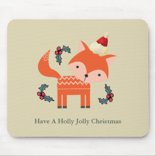 Mousepad Orange Fox In Santa Hat Cute Whimsical Christmas