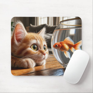 Mousepad Orange Kitten assistindo um peixe dourado