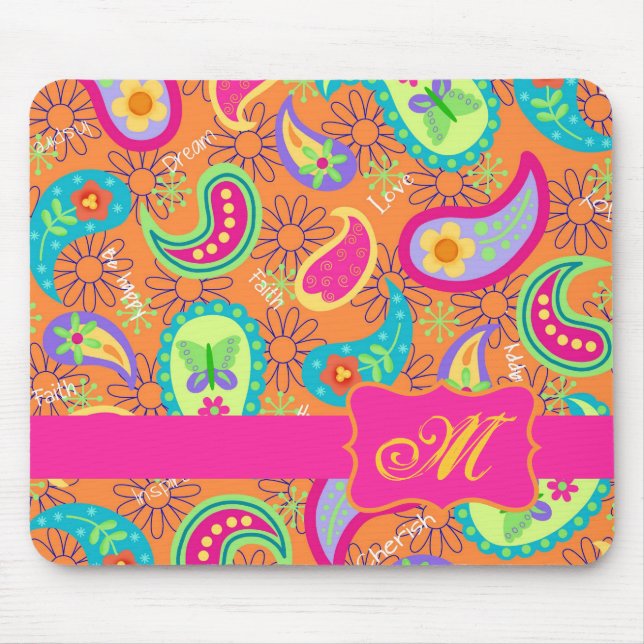 Mousepad Orange Modern Paisley Whimsy Pattern (Frente)