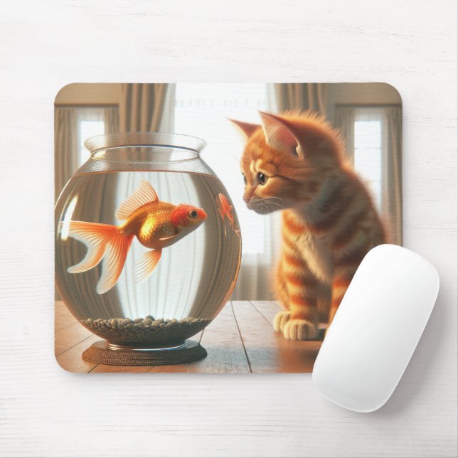 Mousepad Orange Tabby Staring At a Goldfish (Com mouse)