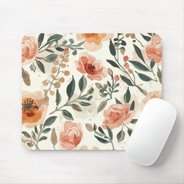 Mousepad Orange Watercolor Flowers Botanical Painting (Com mouse)