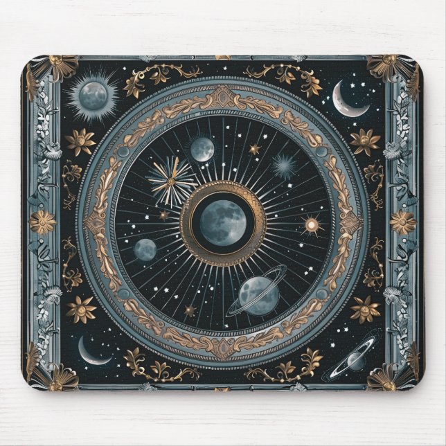 Mousepad Órbita Lunar Celestial Dourada com Astral Detalhad (Frente)