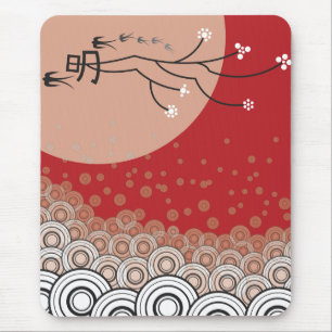 Mousepad Oriental Bright Moon Engole Pássaros Zen Arte Mode