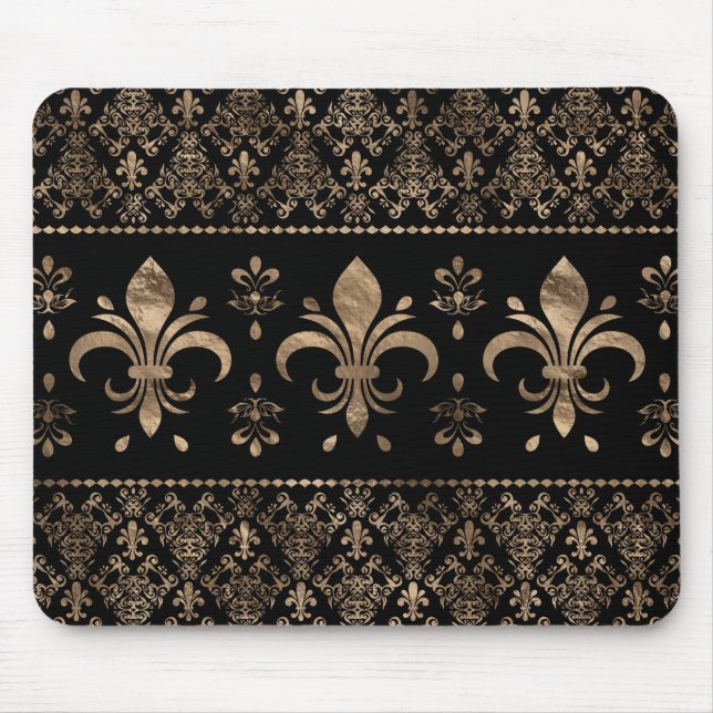 Mousepad Ornamento de luxo negro e dourado Fleur-de-lis (Frente)