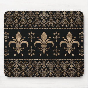 Mousepad Ornamento de luxo preto e ouro Fleur-de-lis