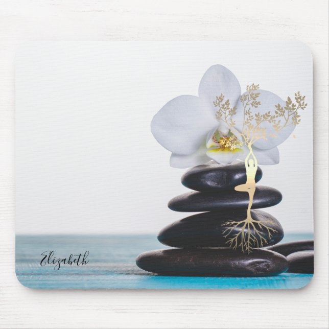 Mousepad Orquídea Branca,Silhueta da Árvore Dourada,Pedras  (Frente)
