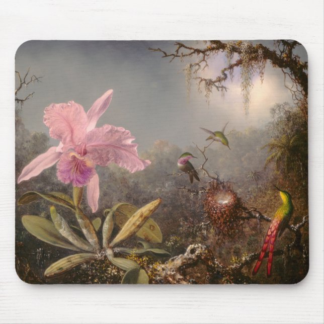 Mousepad Orquídea de Cattleya e três beija-flores (Frente)