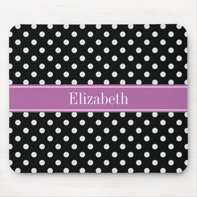 Mousepad Orquídea Pontos Polka Preto Branco Roxo Nome Monog (Frente)