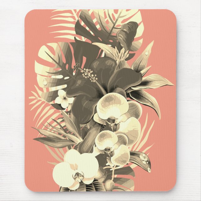 Mousepad Orquídea tropical deixa pêssego, floral havaiano (Frente)