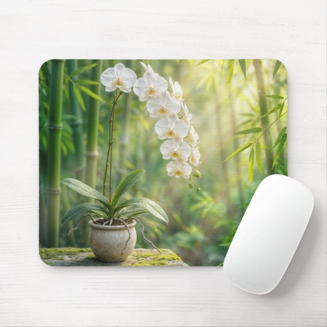 Mousepad Orquídeas Brancas e Bambu (Com mouse)