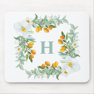 Mousepad Orquídeas Brancas e Monograma Tropical de Kumquats