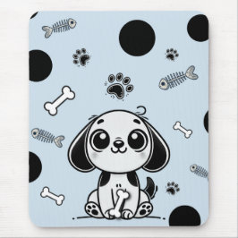 Mousepad Ossos de Peixe Azul e Preto Cachorrinho Fofo Escri