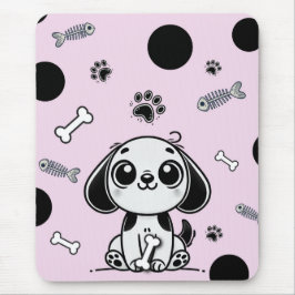 Mousepad Ossos de Peixe Rosa e Preto Cachorrinho Fofo Escri