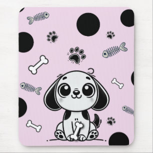 Mousepad Ossos de Peixe Rosa e Preto Cachorrinho Fofo Escri