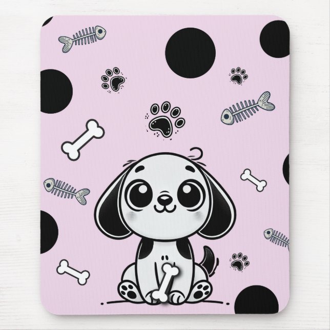 Mousepad Ossos de Peixe Rosa e Preto Cachorrinho Fofo Escri (Frente)