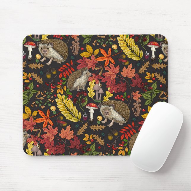 Mousepad Ouriços e flora da floresta outonal em preto (Com mouse)