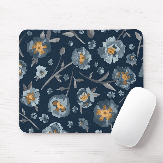 Mousepad Ouro Amarelo Cinza Azul Encantador (Charming Blue Gray Golden Yellow Poppies Mouse Pad from Studio Posies.)