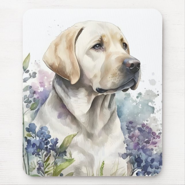 Mousepad Ouro de aquarela Labrador Retriever e Flores (Frente)