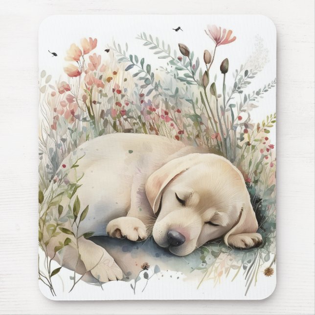 Mousepad Ouro de aquarela Labrador Retriever e Flores (Frente)