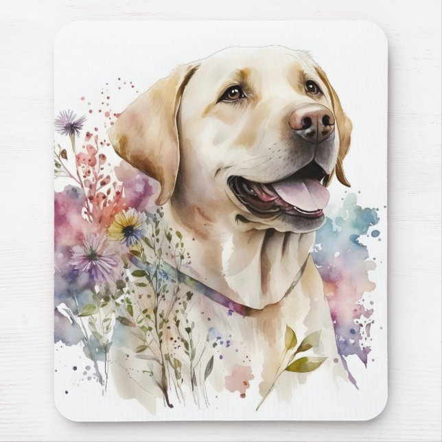 Mousepad Ouro de aquarela Labrador Retriever e Flores (Frente)