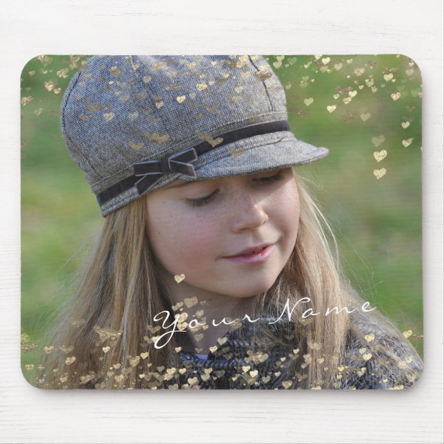 Mousepad Ouro de Foto de Menina Confetti Corações Doces (Frente)