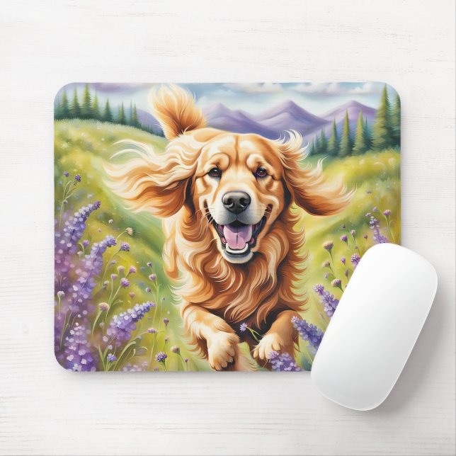 Mousepad Ouro Feliz Retriever No Campo Da Lavanda (Com mouse)